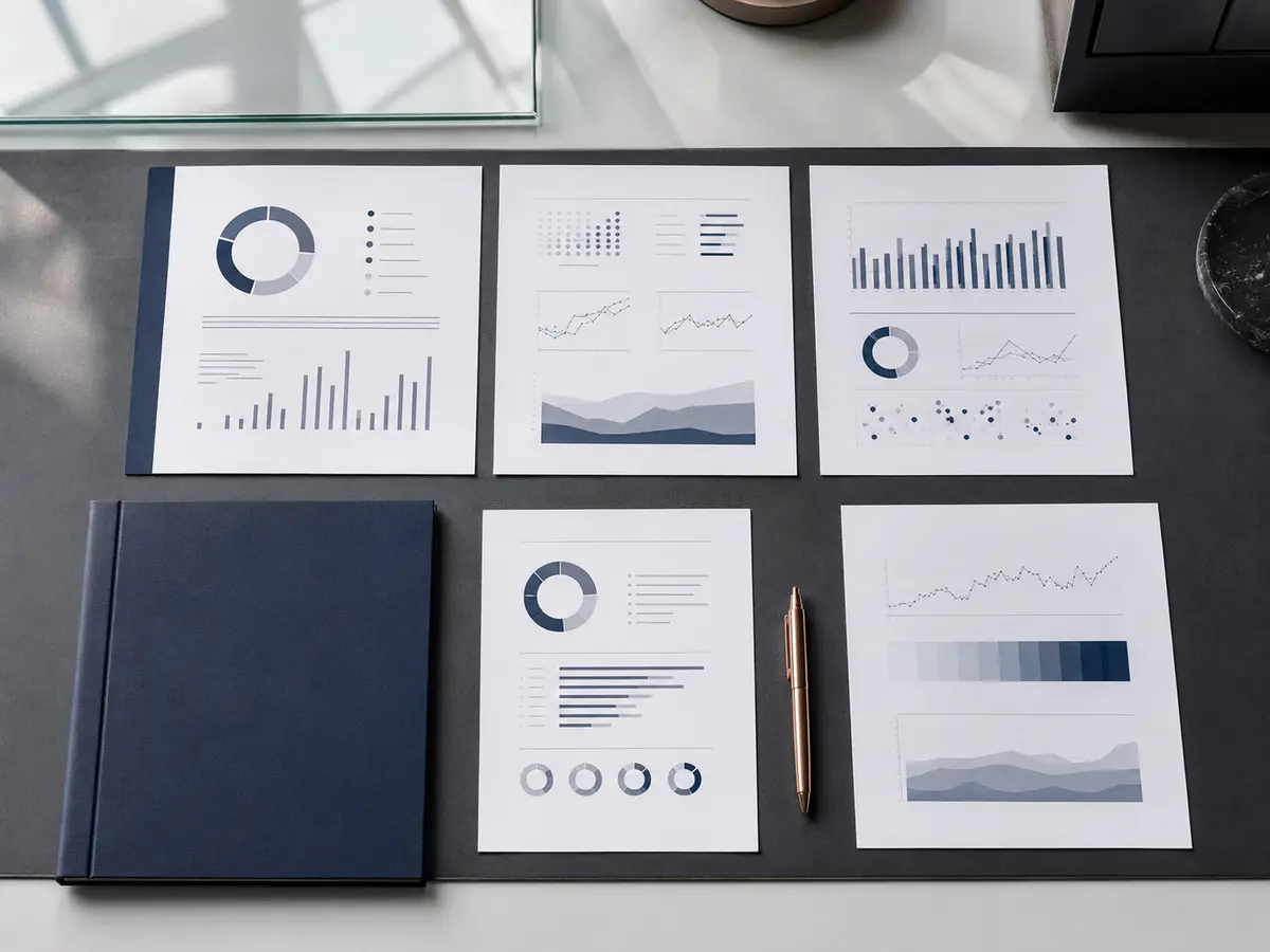 Business analysis documents and KPI materials arranged on an executive desk