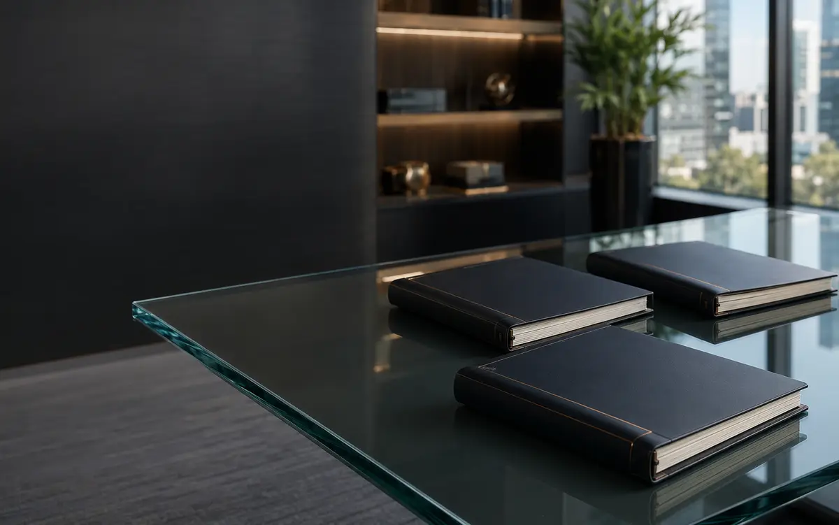 Three premium business portfolio folders displayed on a glass executive desk